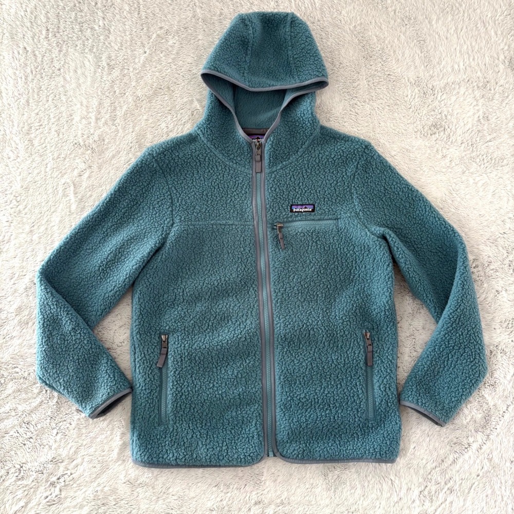 Patagonia Retro Pile Hooded Fleece Jacket Women M Blue Full Zip Hiking Camp Gorp - Picture 2 of 10
